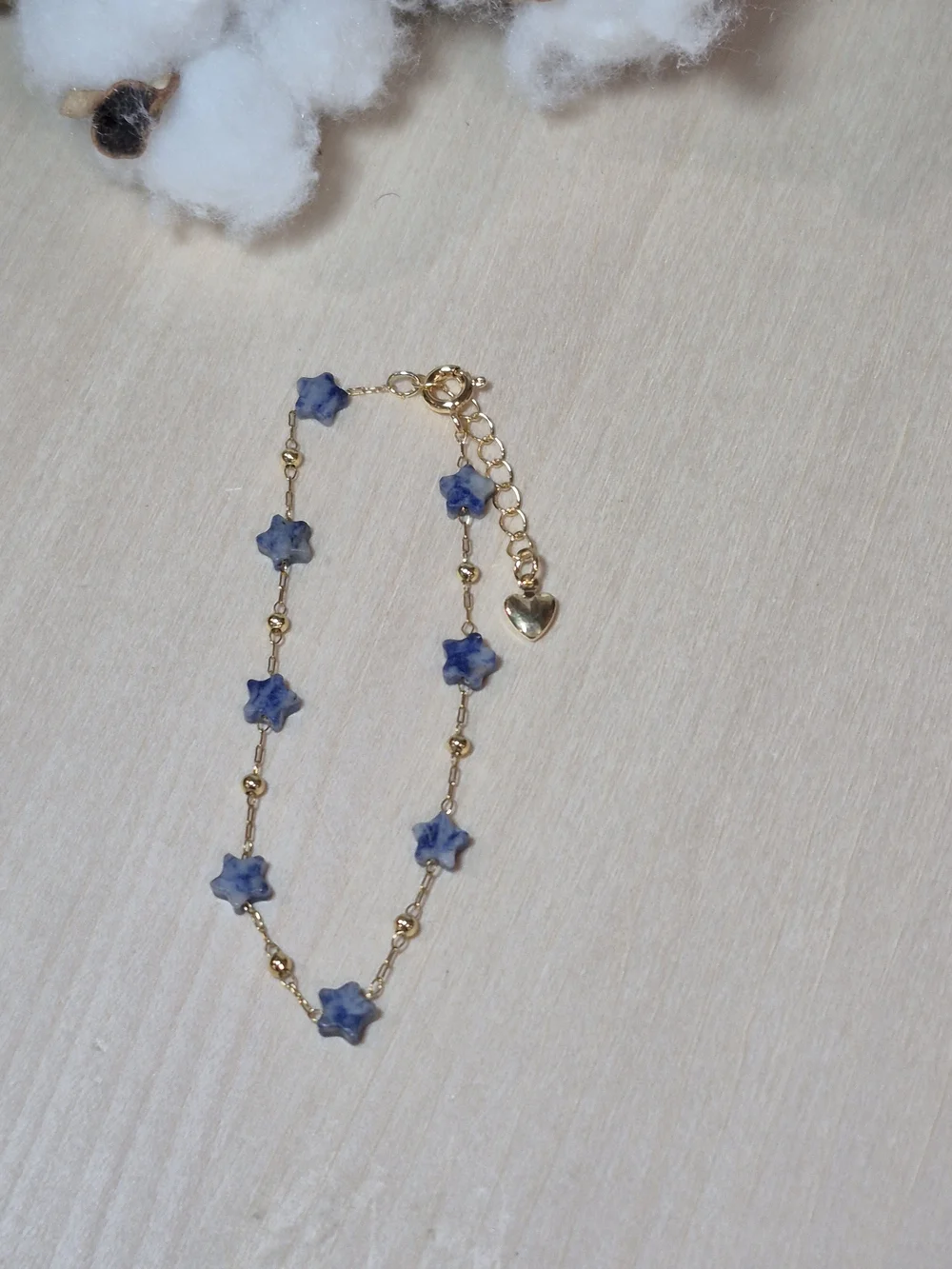 💙⭐️NEW💙⭐️ PRETTY!! SS Micro PaperClip Faceted BLUE DOT Nat.Stone StarBracelet